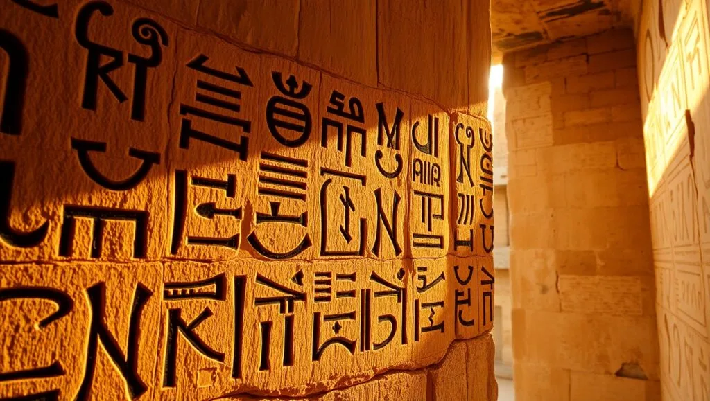 A close-up of Egyptian hieroglyphs carved on a sandstone wall, illuminated by sunlight streaming through a temple doorway.