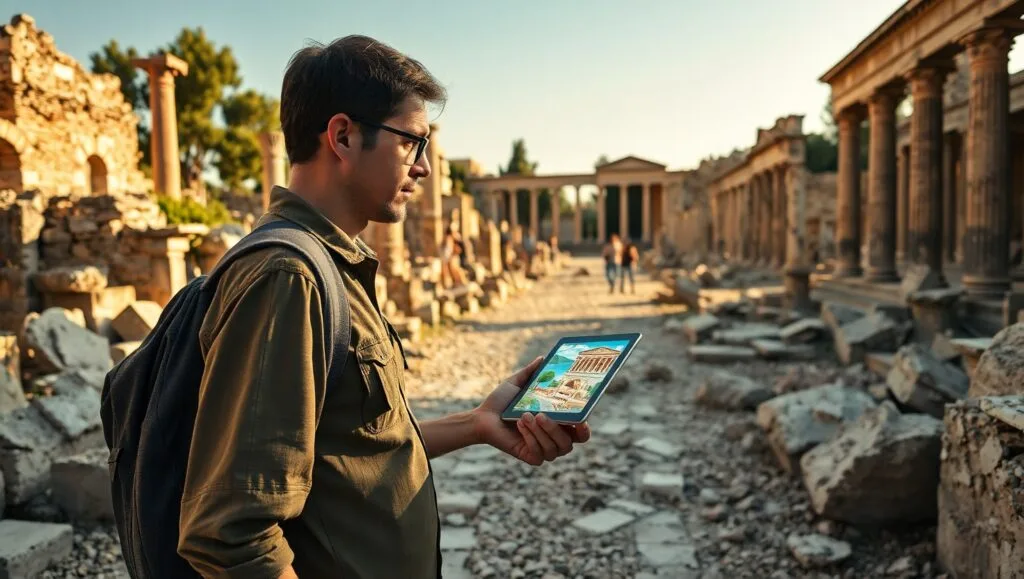 A modern historian walking through the ruins of an ancient city, holding a tablet that overlays digital reconstructions of what the city once looked like.