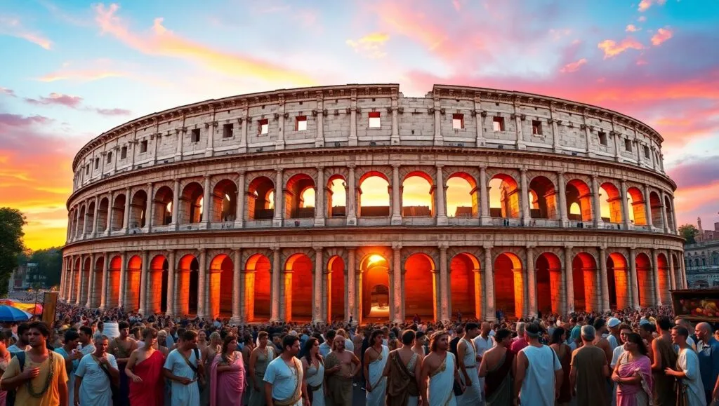 A panoramic view of the Roman Colosseum at sunset, with crowds of ancient Romans in togas gathering outside.