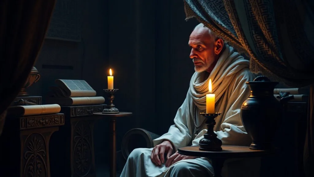 An ancient Egyptian scholar sitting by candlelight, surrounded by scrolls and artifacts, deep in thought.