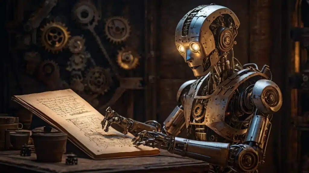 Ancient manuscript showing a humanoid robot with gears and levers, glowing eyes, and mechanical limbs – cinematic lighting, historical illustration style.
