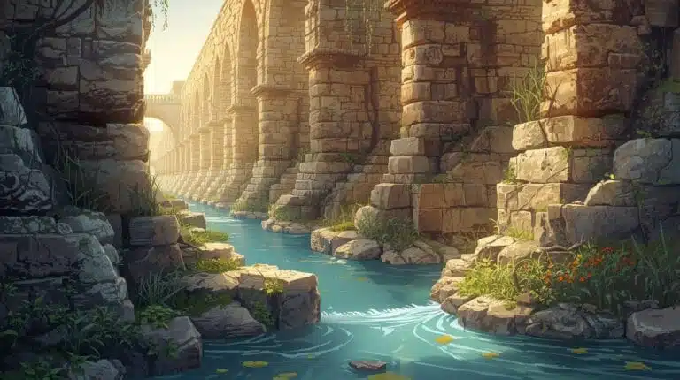 High-detail close-up of Roman aqueduct stones with flowing water and warm lighting