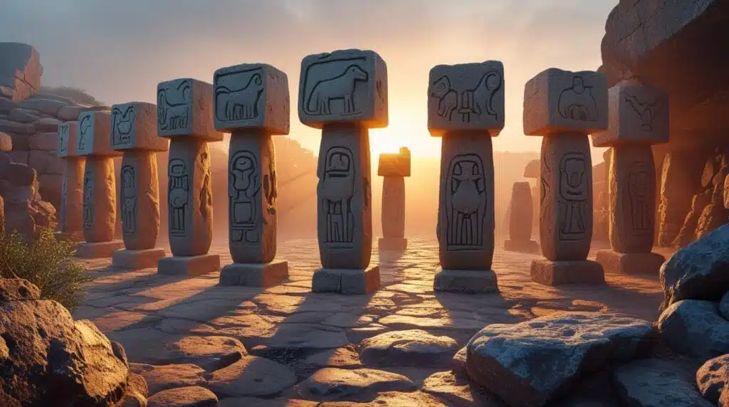 Roman workers constructing aqueduct arches using ancient tools and carved stones