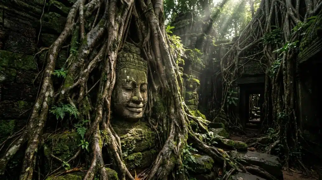 Missing Buddha Torso Buddha head discovered at Ta Prohm
