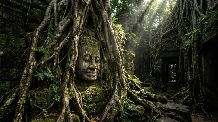 Missing Buddha Torso Buddha head discovered at Ta Prohm
