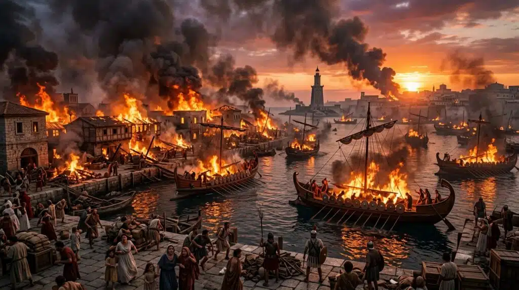 Library of Alexandria era harbor fire during Julius Caesar's siege