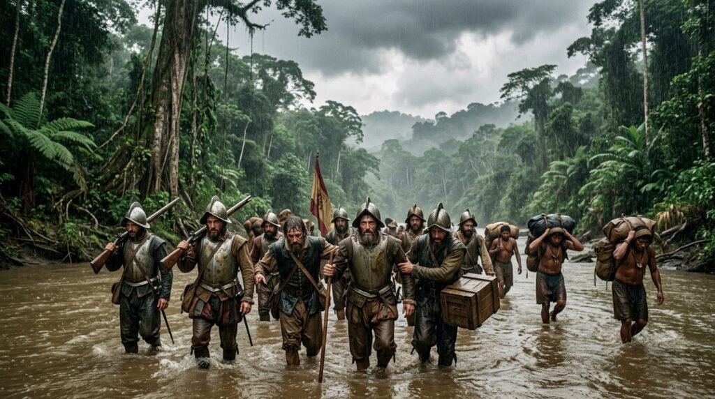 El Dorado City of Gold conquistadors searching the South American jungle