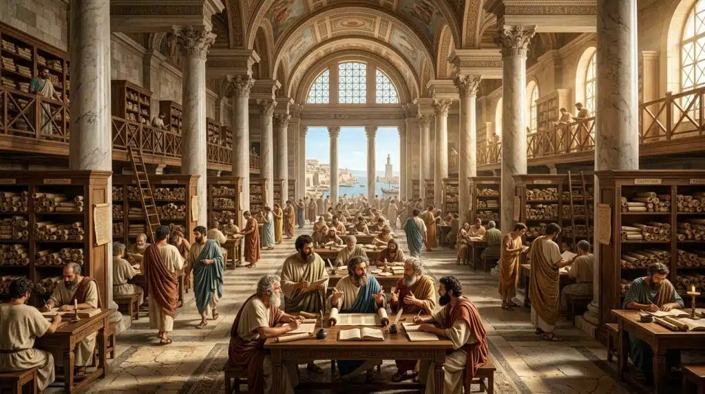Library of Alexandria reconstruction showing scholars and scroll collections