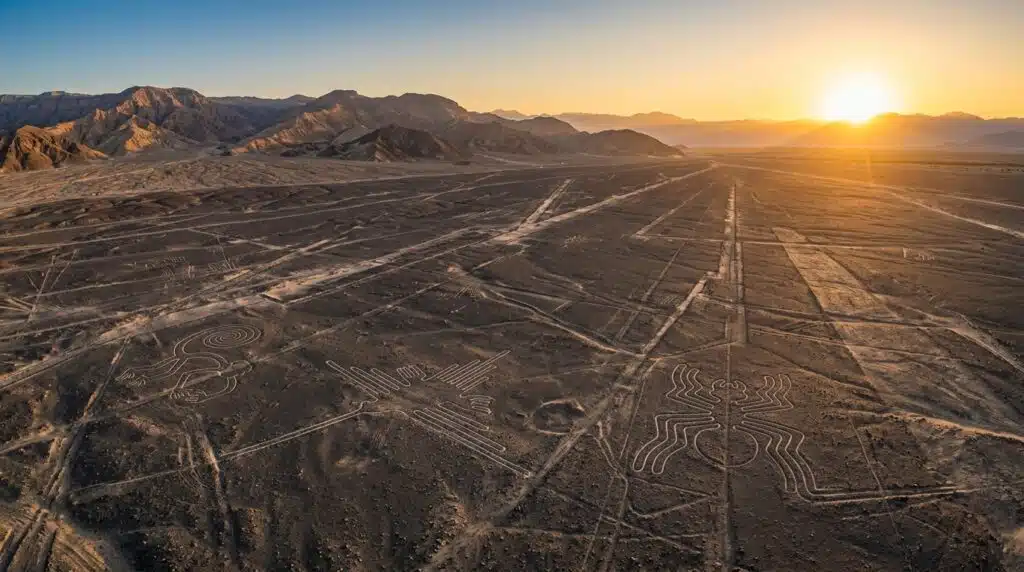 Nazca Lines Mystery aerial view of the ancient geoglyphs in Peru