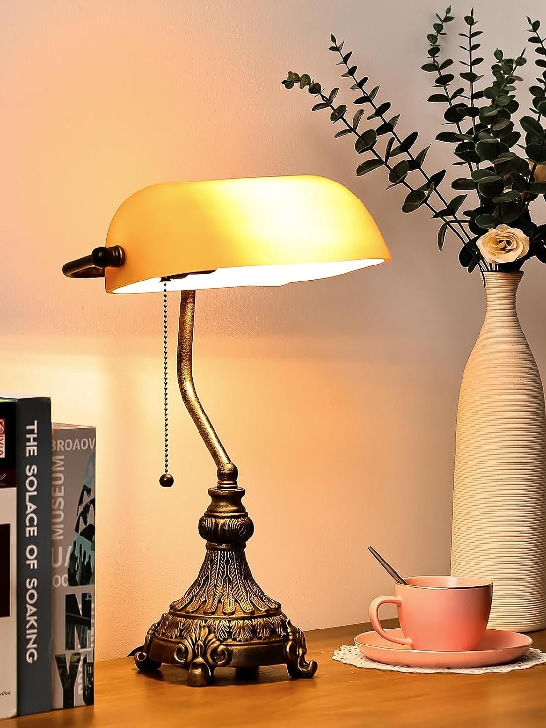 Newrays Vintage Amber Glass Bankers Desk Lamp for Home Office,Library with Pull Chain Switch Plug in Fixture, LED Bulb Included
