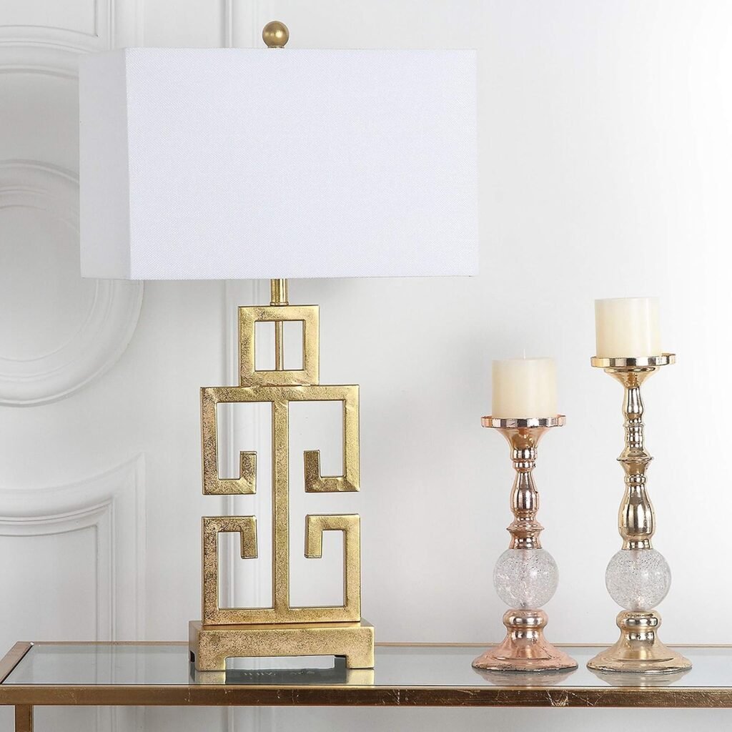 SAFAVIEH Lighting Collection – Greek Key Table Lamp – Antique Gold Metal Base with White Fabric Shade LED Bulb Included 29 Inch Bedroom Living Room Desk Lamps LITS4305A
