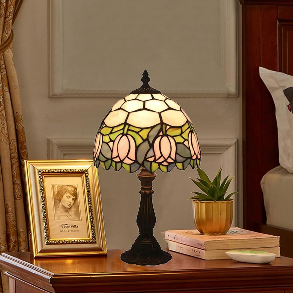 Tiffany Style Table Lamp, Pink Tulip Stained Glass Lamp, 8 Inch Small Antique Lamp, for Bedside Nightstand Bedroom Living Room Home Office, Include LED Bulb