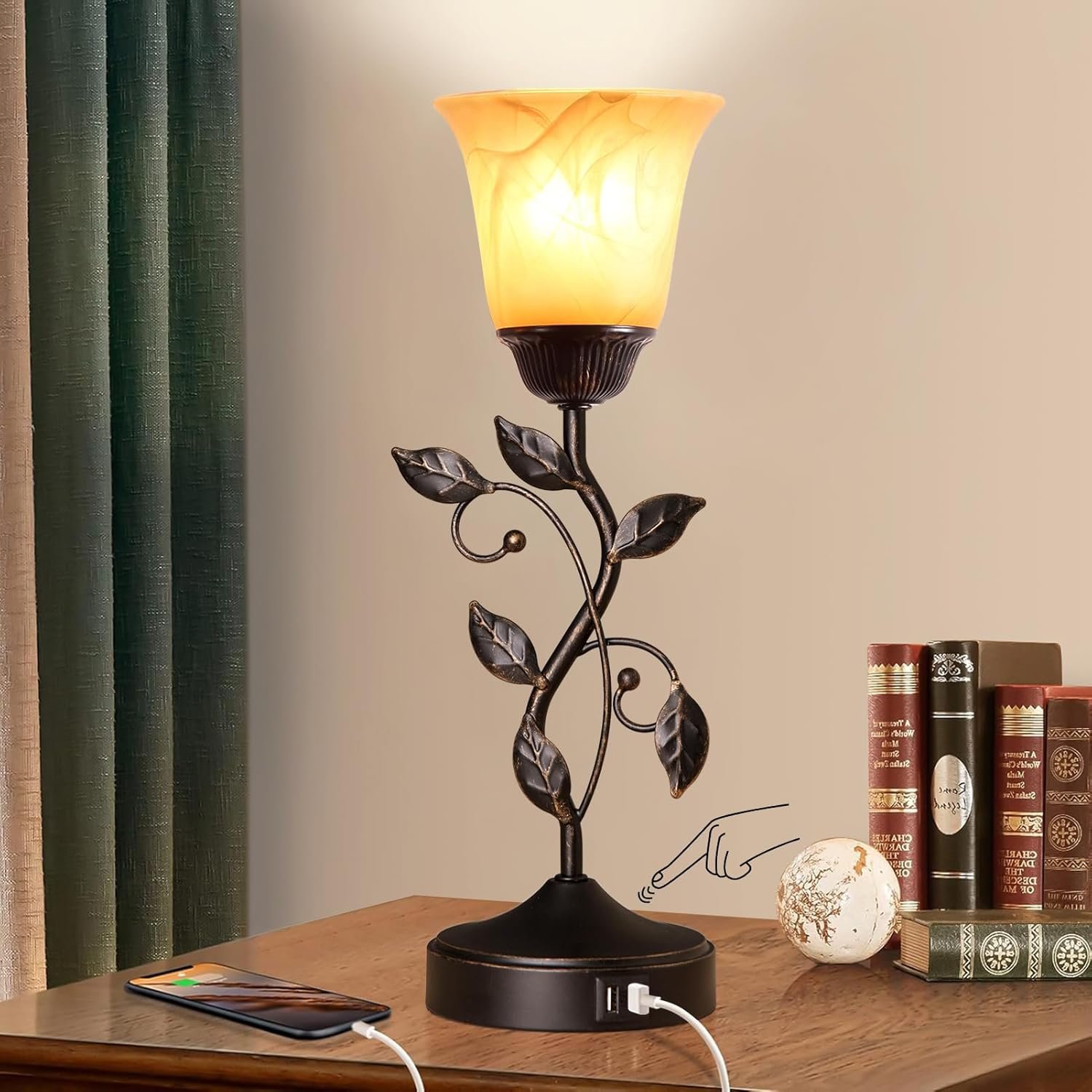 Touch Control Table Lamp with 2 USB Charging Ports, 3-Way Dimmable Bedside Nightstand Lamps, Amber Glass Shade Vintage Rural Leaf Lamp for Living Room