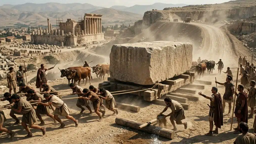 Baalbek megaliths being transported on a wooden sledge by ancient Roman workers using ropes and a carefully prepared ramp.