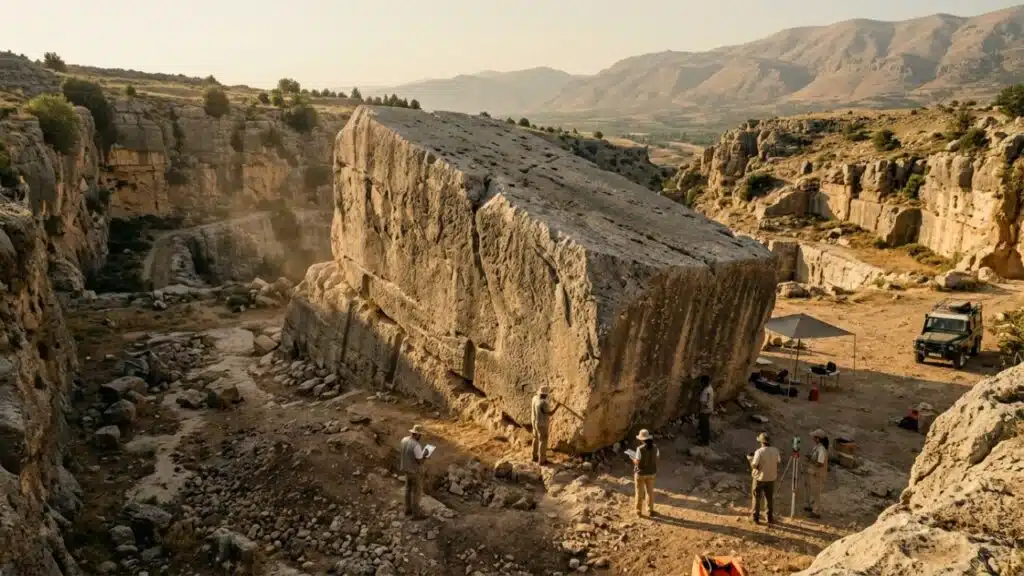 Baalbek megaliths featuring the enormous Forgotten Stone, a 1,650-tonne limestone block abandoned in an ancient Lebanese quarry.