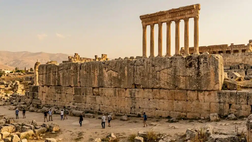 Baalbek megaliths forming the colossal Trilithon foundation of the ancient Roman Temple of Jupiter in Lebanon.