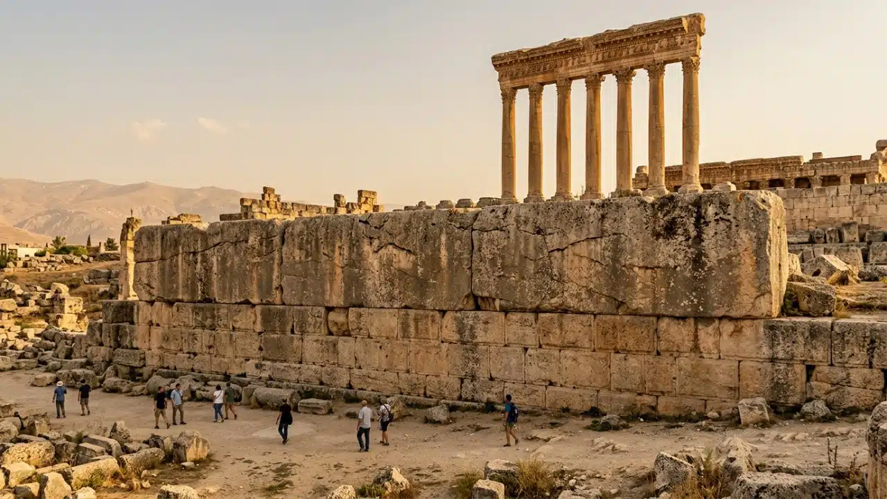 Baalbek megaliths forming the colossal Trilithon foundation of the ancient Roman Temple of Jupiter in Lebanon.