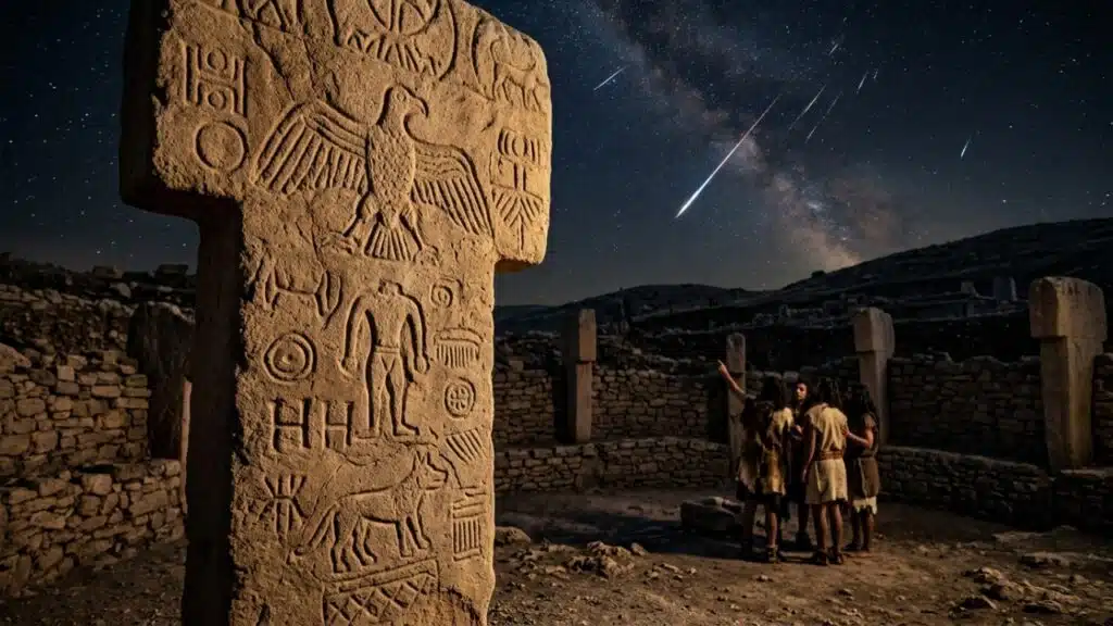 Göbekli Tepe Mystery depicted through Pillar 43’s animal carvings and symbols that may represent an ancient celestial calendar.
